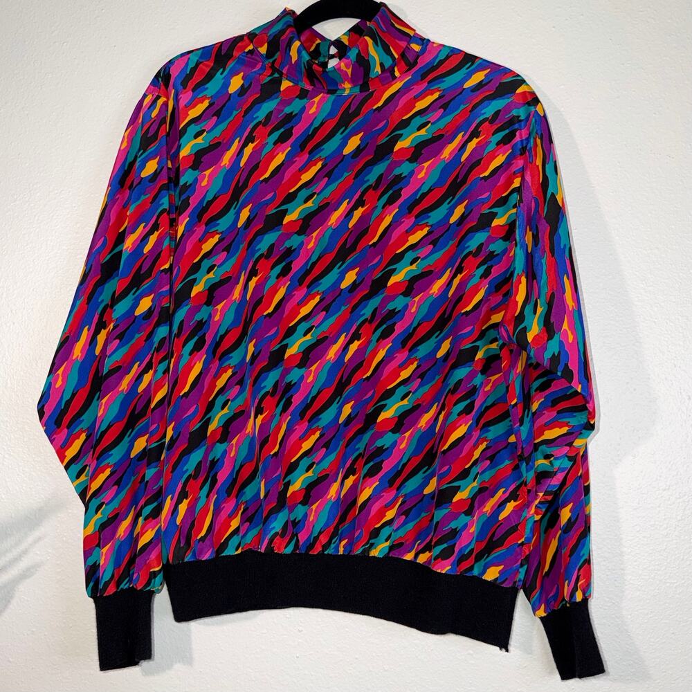Vintage 80s Fred Michael Abstract‎ Print Mock Neck Top - Bright Multi Color